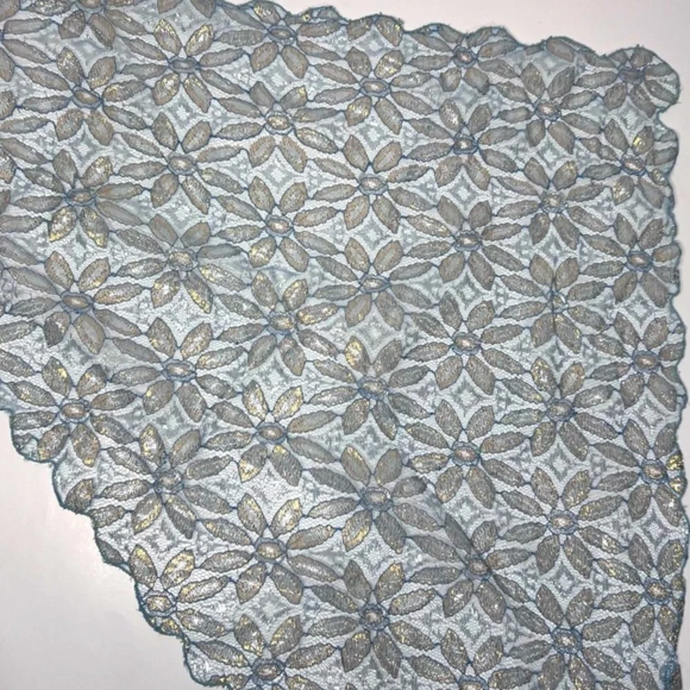 Vintage Blue Silver & Gold Lace Scalloped Edge Kerchief Scarf Ascot Unisex